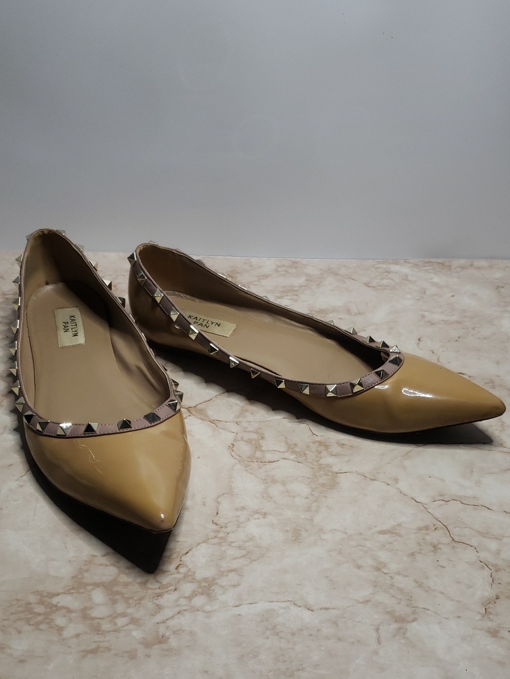 Kaitlyn Pan Nude Patent Pointed-Toe Studded Flats Size 11